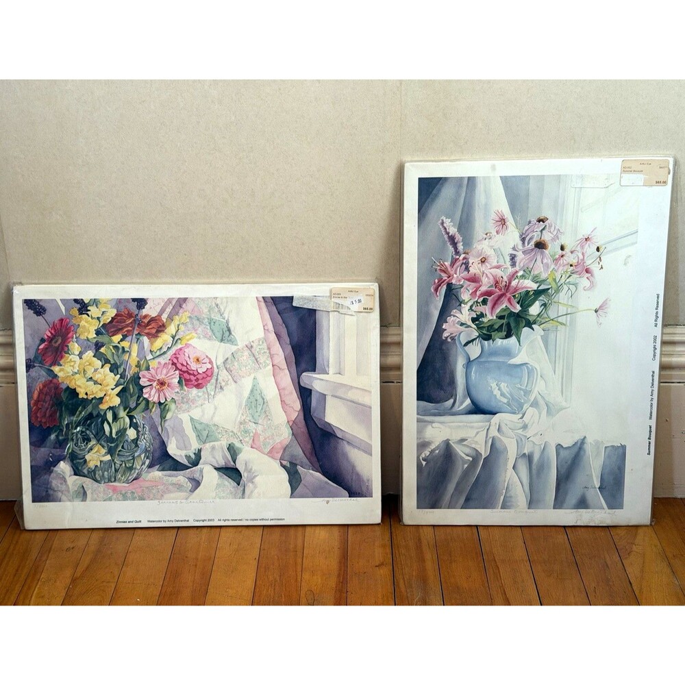 Amy Delventhal Signed Limited Ed Print Lot "Zinnias and Quilt" 18x24 2003